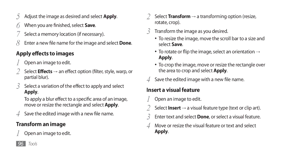 Samsung GT-S5753TIEXXV, GT-S5753TIEXEV, GT-S5753PWEXEV, GT-S5753PWEXXV, GT-S5753HKEXXV manual Insert a visual feature, Apply 