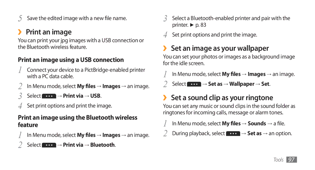 Samsung GT-S5753PWEXEV manual ›› Print an image, ›› Set an image as your wallpaper, ›› Set a sound clip as your ringtone 