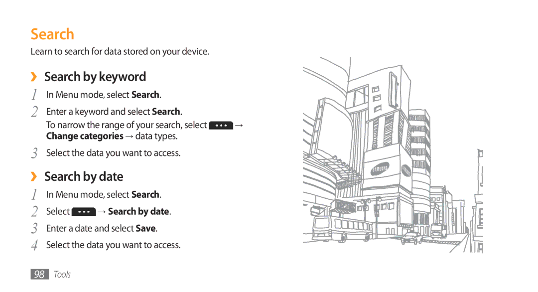 Samsung GT-S5753PWEXXV, GT-S5753TIEXEV manual ›› Search by keyword, ›› Search by date, Change categories → data types 