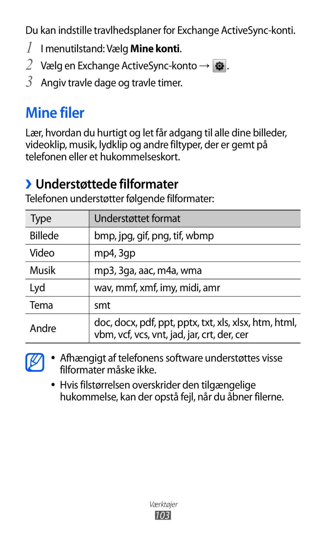 Samsung GT-S5780YKANEE, GT-S5780AXANEE manual Mine filer, ››Understøttede filformater, 103 