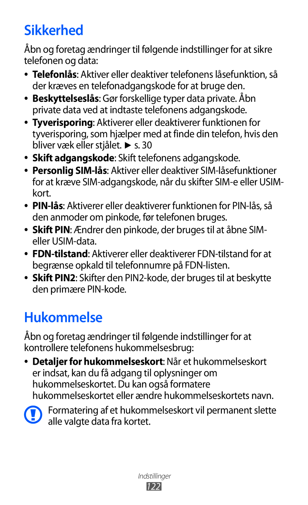 Samsung GT-S5780AXANEE, GT-S5780YKANEE manual Sikkerhed, Hukommelse, 122 