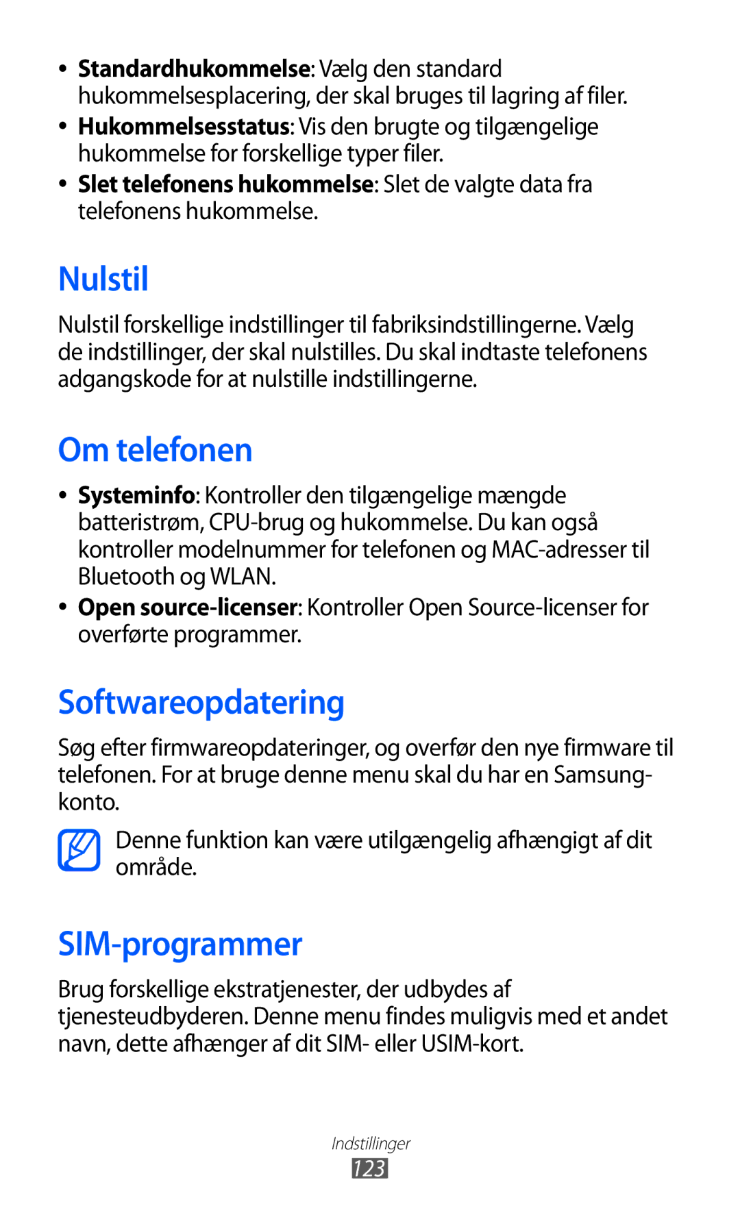 Samsung GT-S5780YKANEE, GT-S5780AXANEE manual Nulstil, Om telefonen, Softwareopdatering, SIM-programmer, 123 