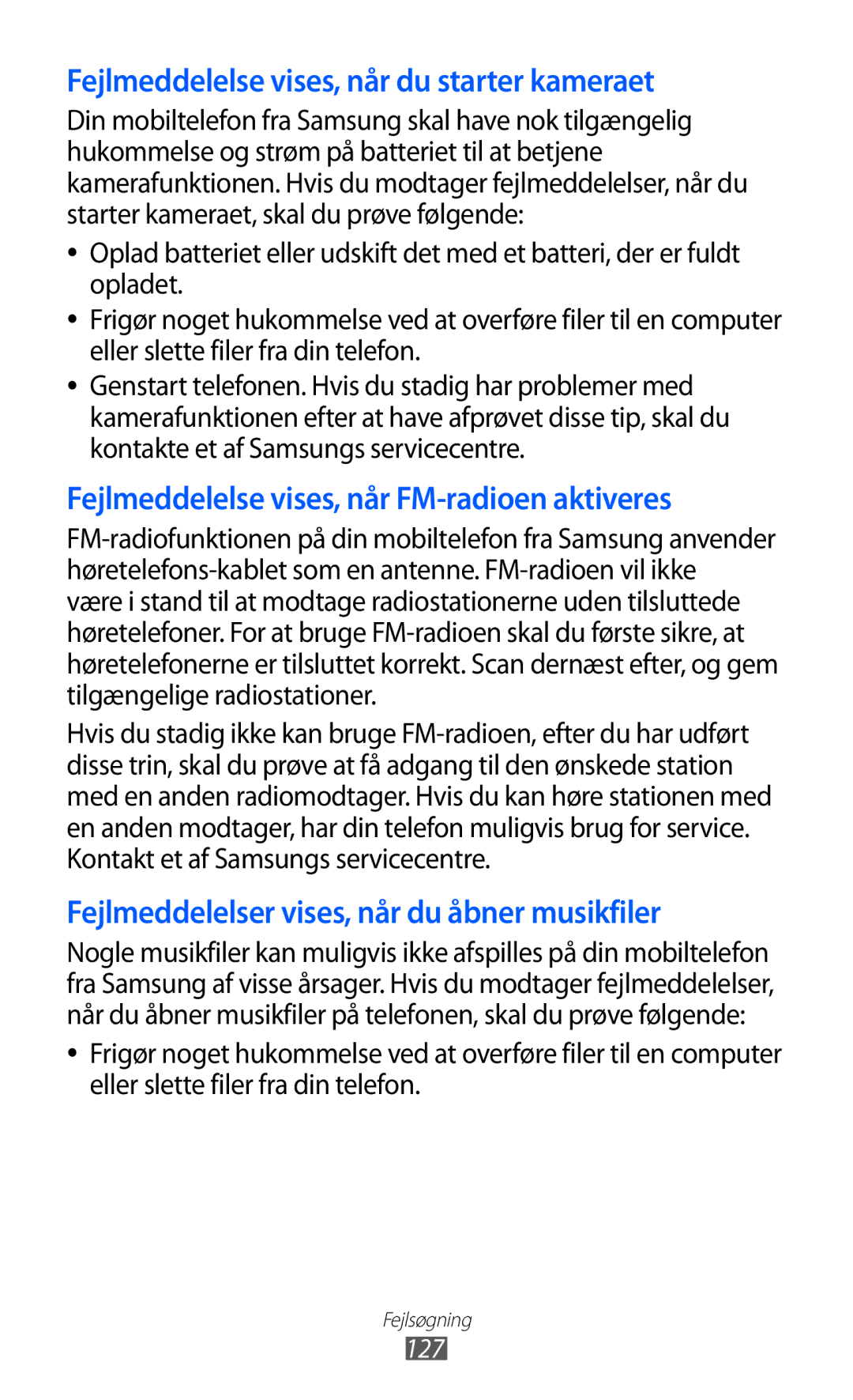Samsung GT-S5780YKANEE, GT-S5780AXANEE manual Fejlmeddelelse vises, når du starter kameraet, 127 