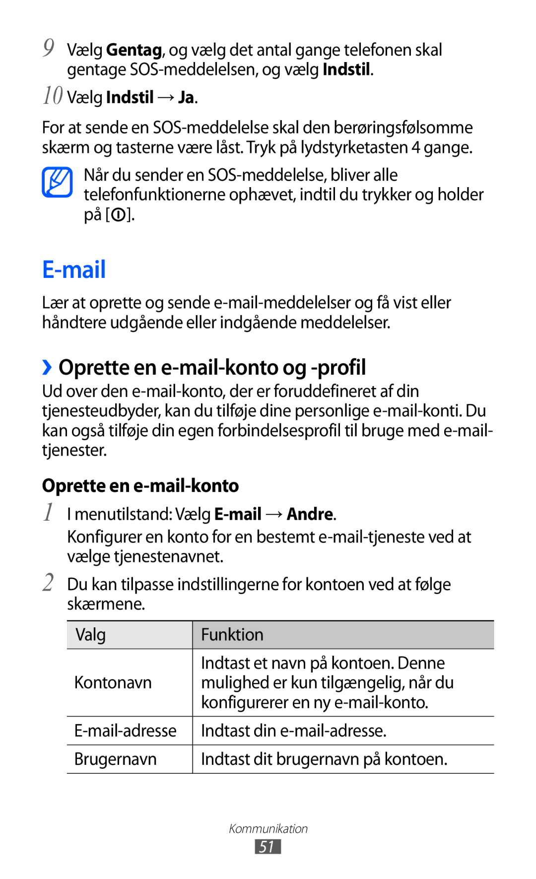 Samsung GT-S5780YKANEE, GT-S5780AXANEE manual Mail, ››Oprette en e-mail-konto og -profil, Vælg Indstil → Ja 