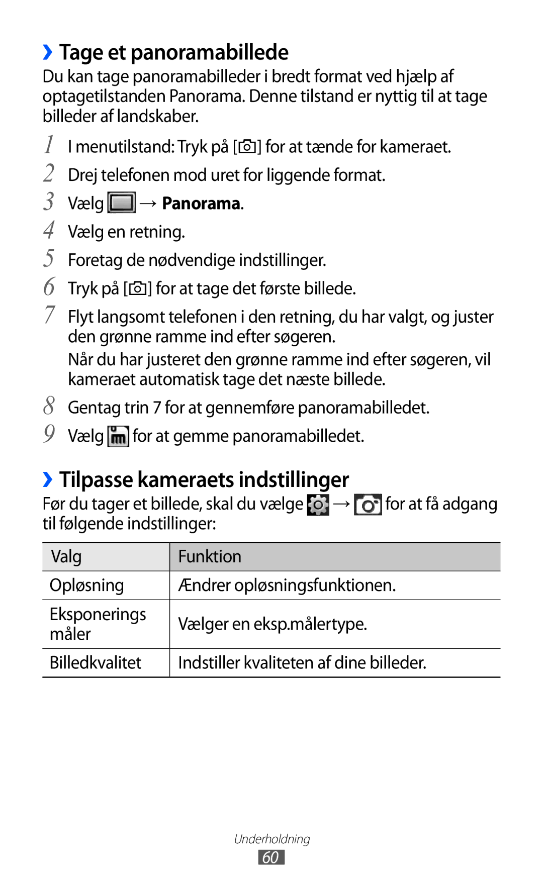 Samsung GT-S5780AXANEE manual ››Tage et panoramabillede, Tilpasse kameraets indstillinger, Vælg → Panorama, Vælg en retning 