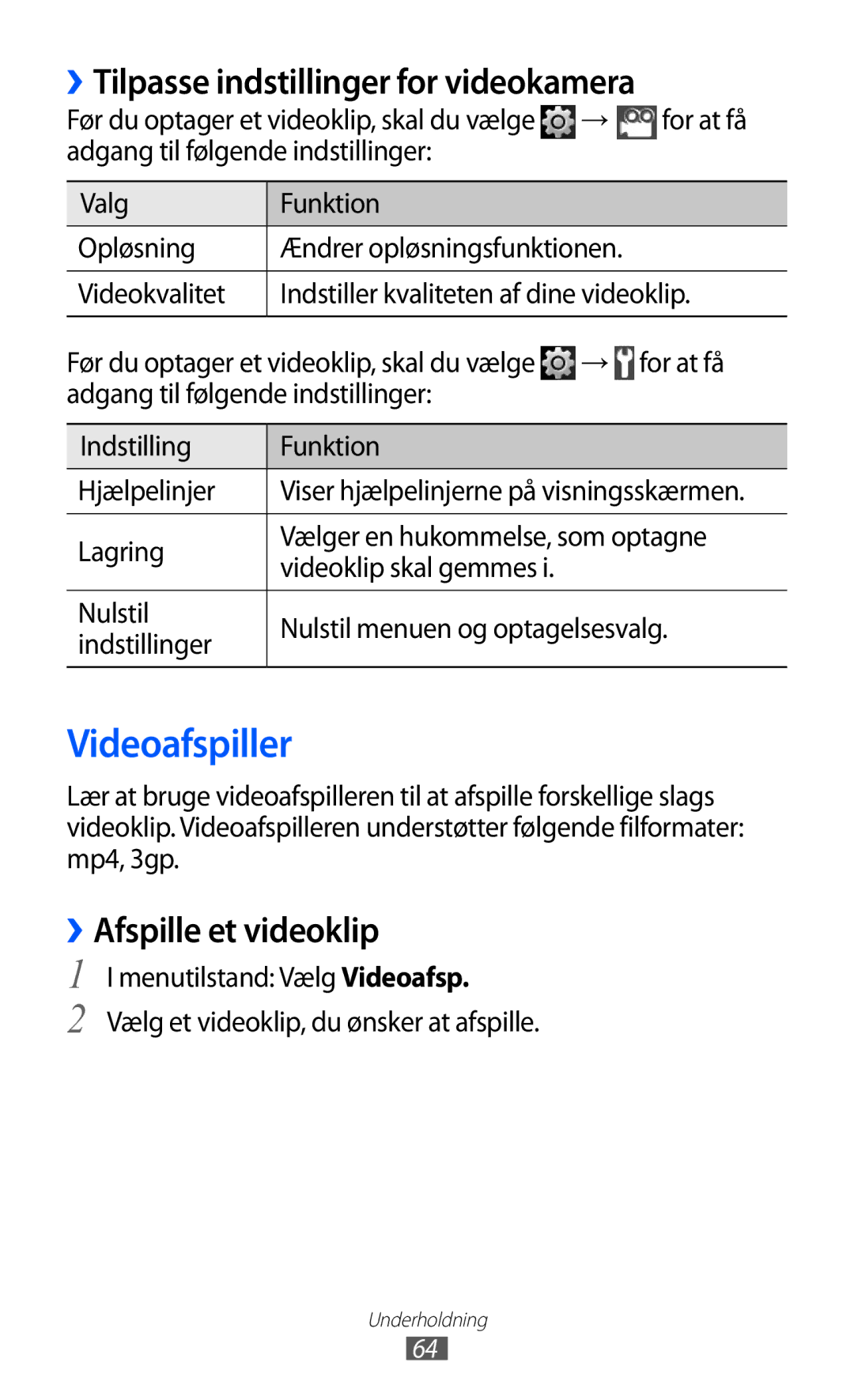 Samsung GT-S5780AXANEE, GT-S5780YKANEE Videoafspiller, ››Tilpasse indstillinger for videokamera, ››Afspille et videoklip 