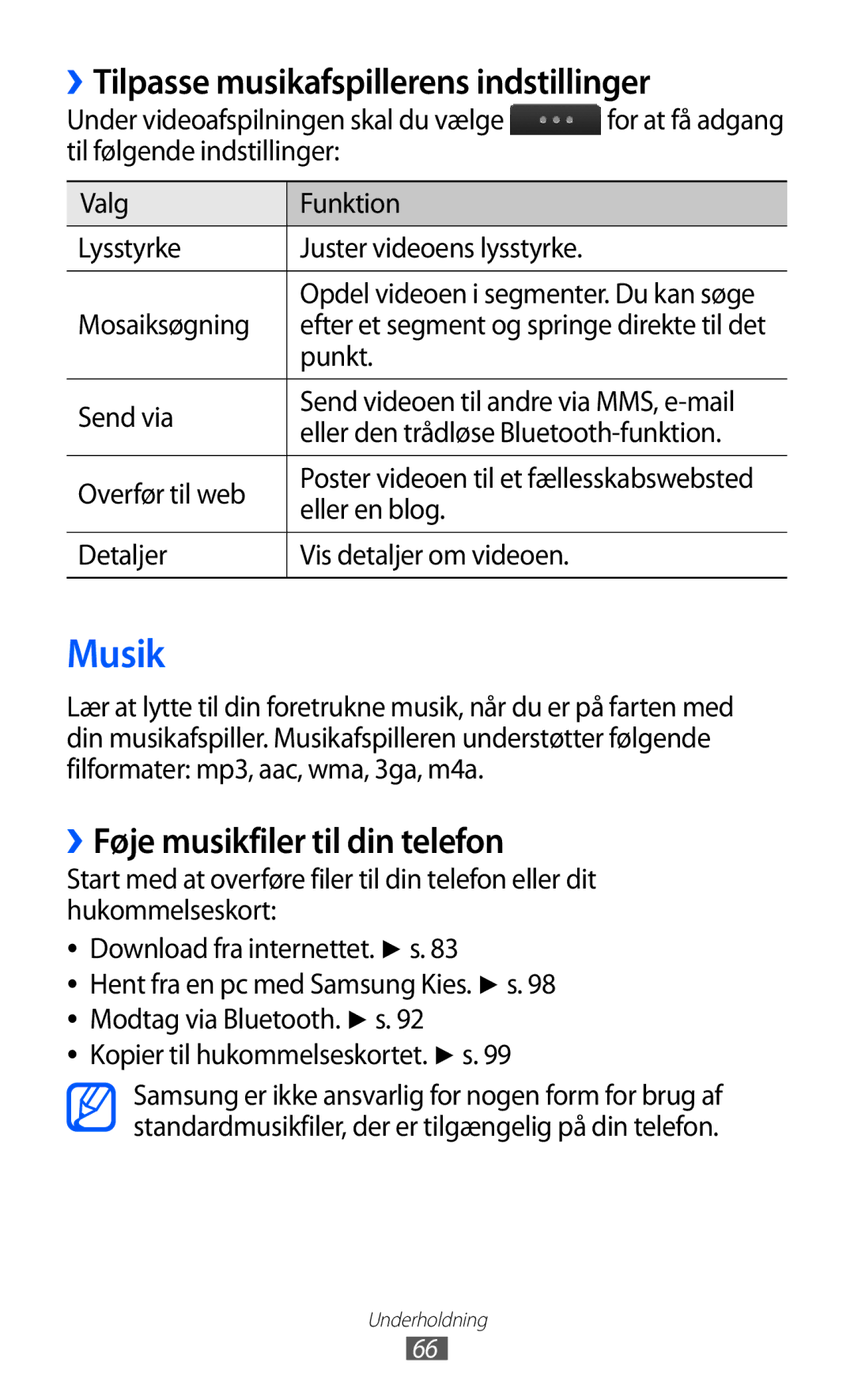 Samsung GT-S5780AXANEE manual Musik, ››Tilpasse musikafspillerens indstillinger, ››Føje musikfiler til din telefon 