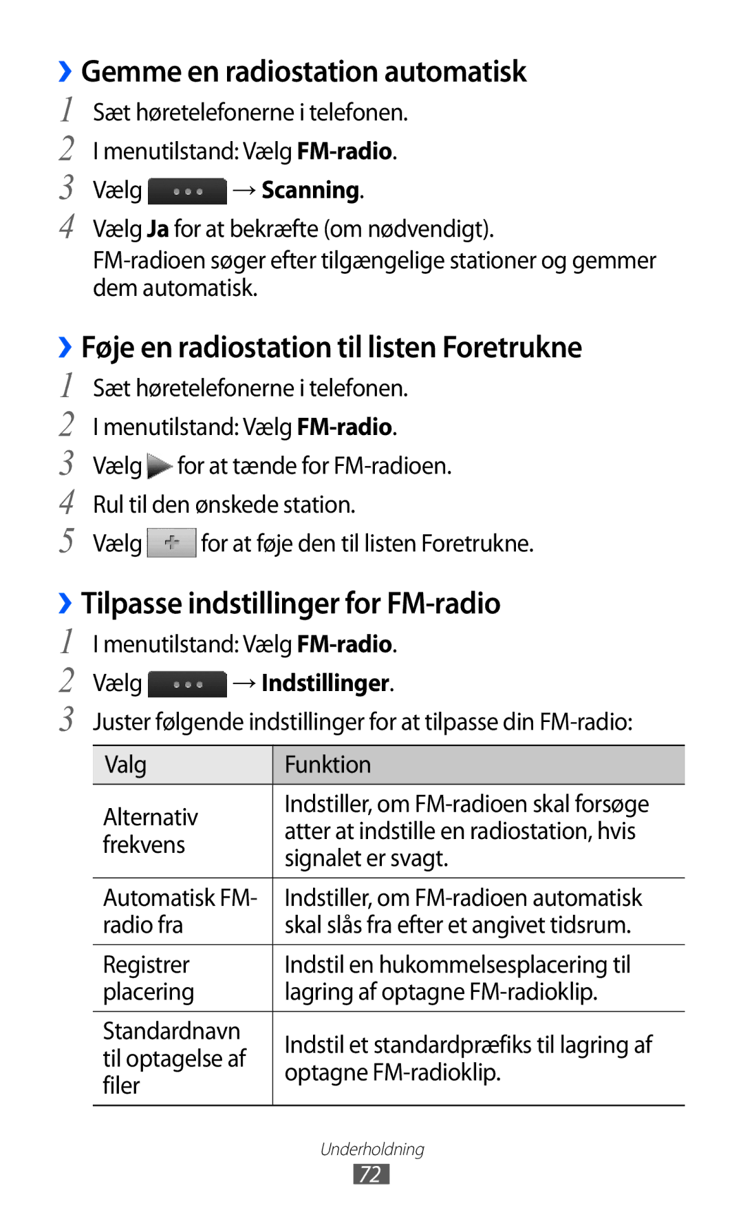 Samsung GT-S5780AXANEE ››Gemme en radiostation automatisk, ››Føje en radiostation til listen Foretrukne, Vælg → Scanning 