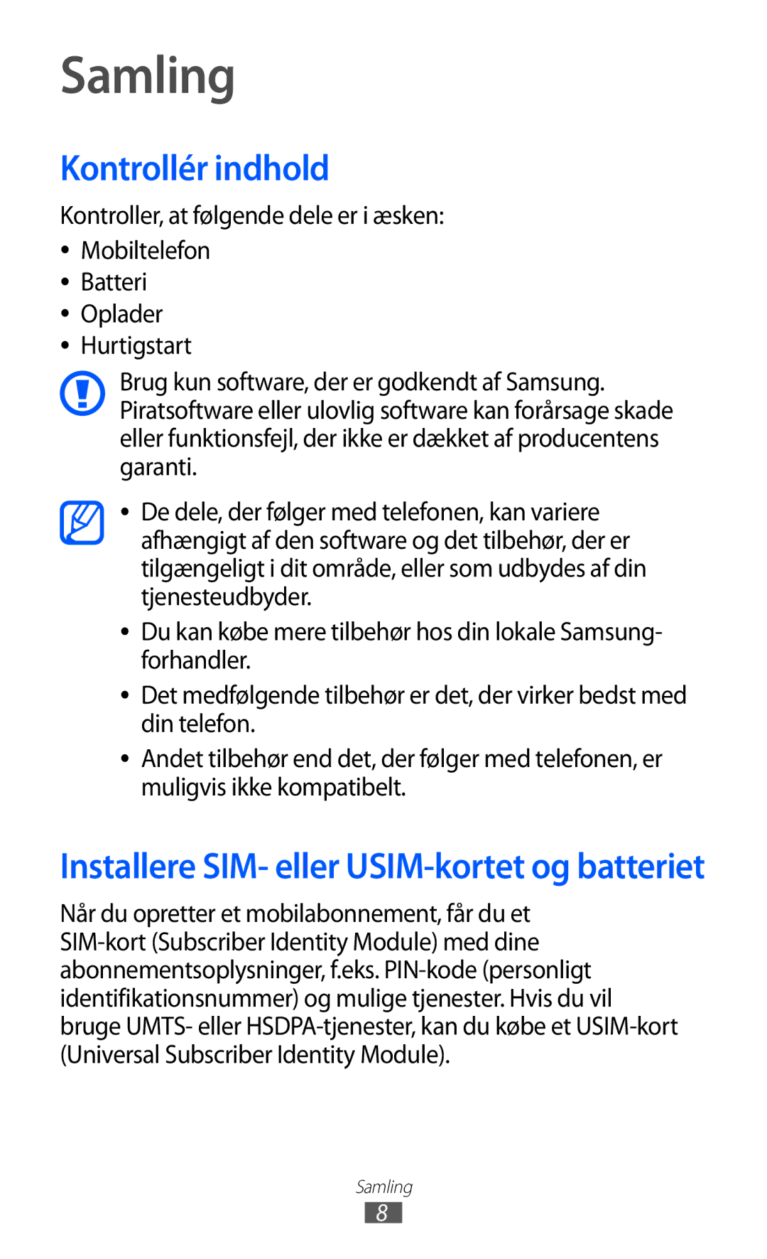 Samsung GT-S5780AXANEE, GT-S5780YKANEE manual Samling, Kontrollér indhold 