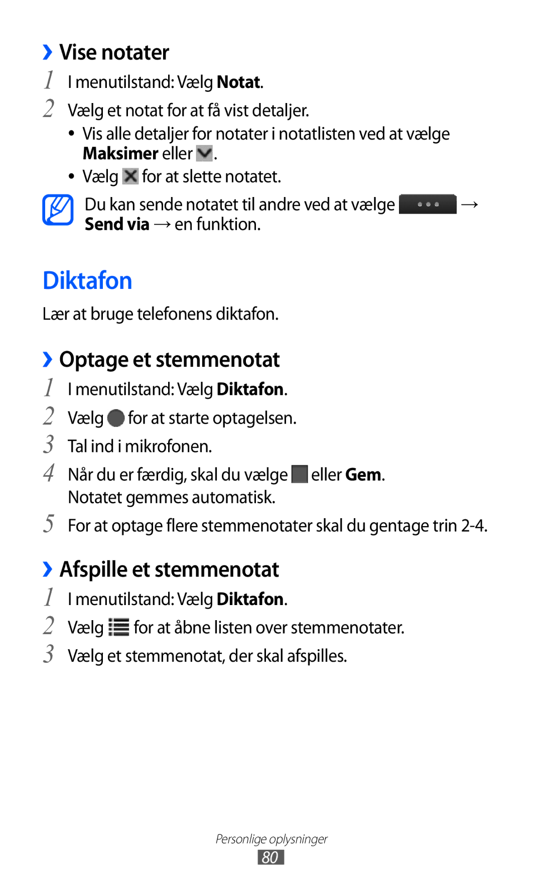 Samsung GT-S5780AXANEE, GT-S5780YKANEE manual Diktafon, ››Vise notater, ››Optage et stemmenotat, ››Afspille et stemmenotat 