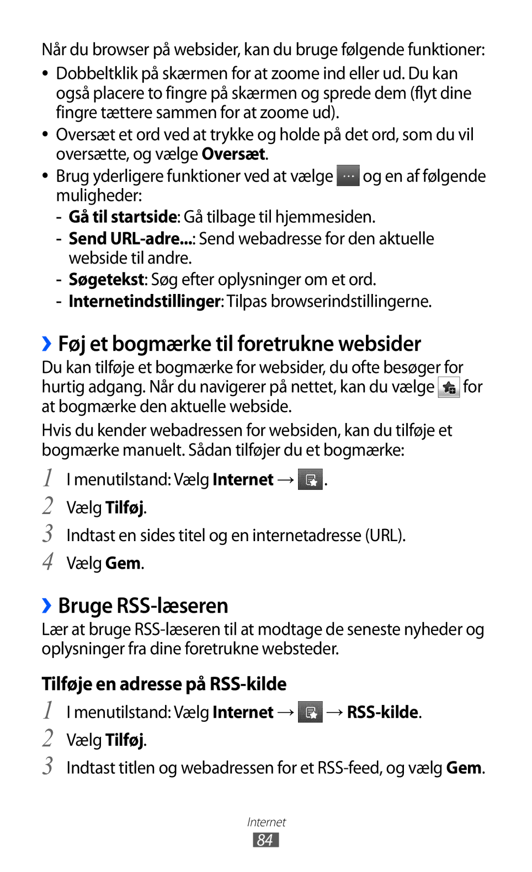 Samsung GT-S5780AXANEE ››Føj et bogmærke til foretrukne websider, ››Bruge RSS-læseren, Tilføje en adresse på RSS-kilde 