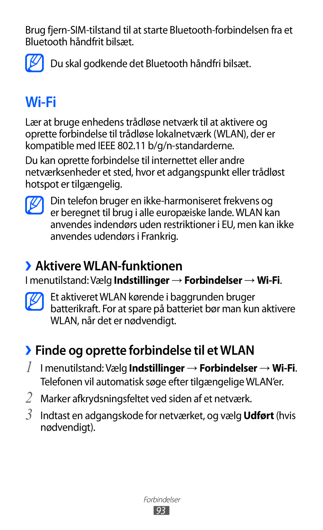 Samsung GT-S5780YKANEE, GT-S5780AXANEE manual Wi-Fi, ››Aktivere WLAN-funktionen, ››Finde og oprette forbindelse til et Wlan 