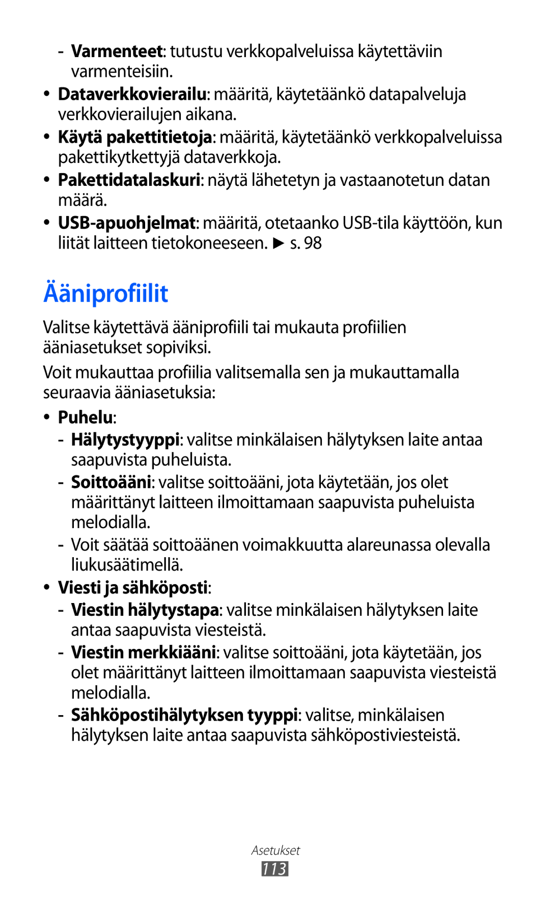 Samsung GT-S5780YKANEE, GT-S5780AXANEE manual Ääniprofiilit, Puhelu, Viesti ja sähköposti 