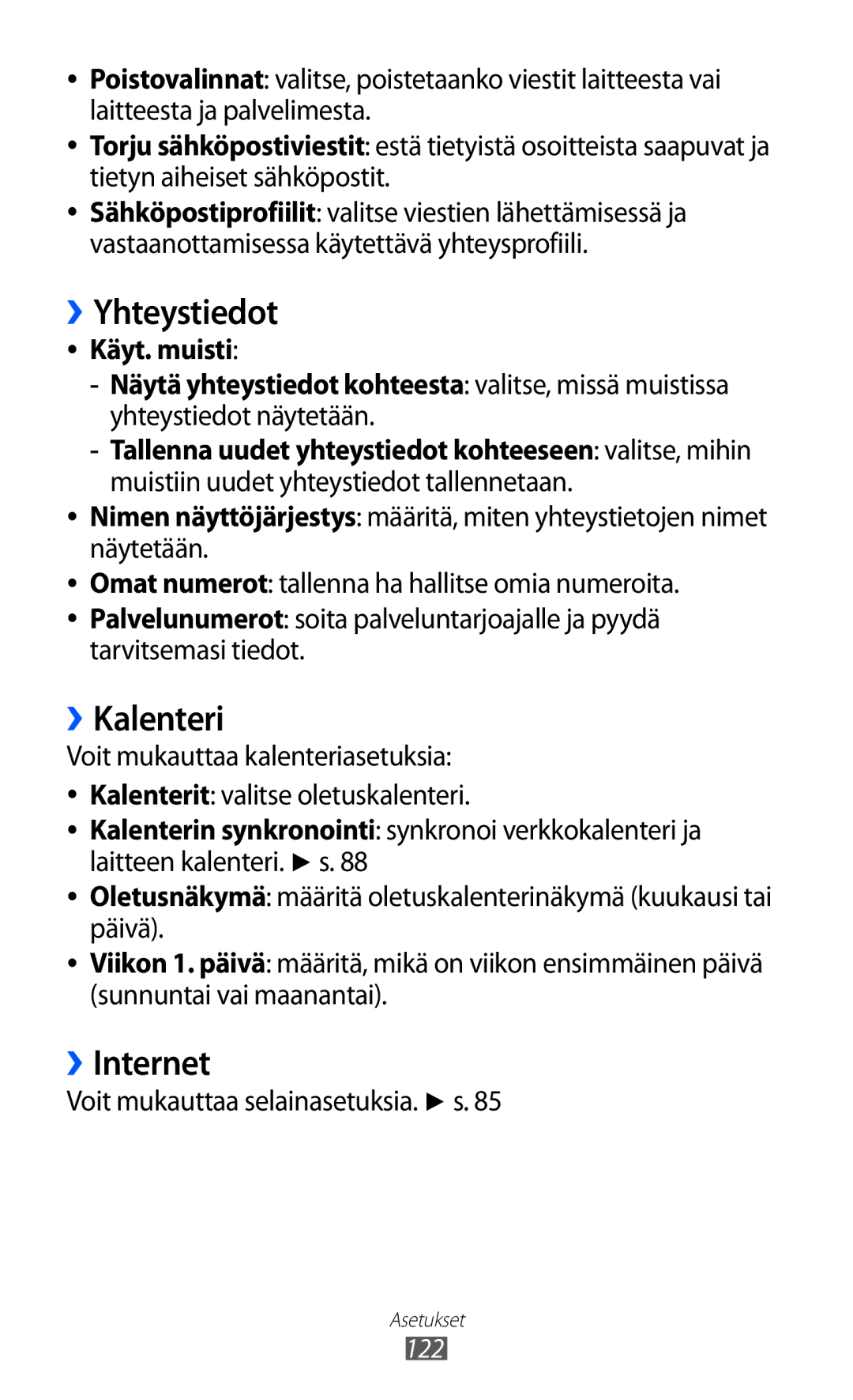 Samsung GT-S5780AXANEE, GT-S5780YKANEE manual ››Yhteystiedot, ››Kalenteri, ››Internet, Voit mukauttaa selainasetuksia. s 