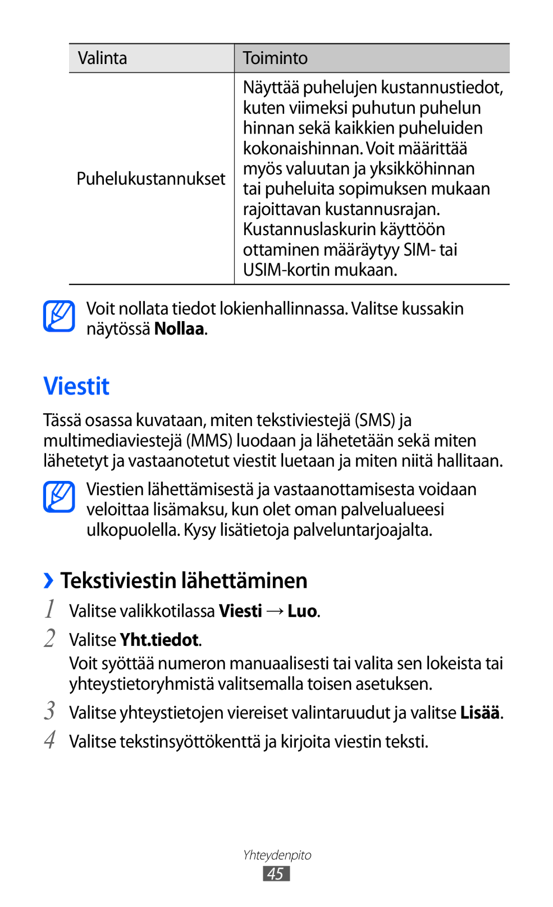 Samsung GT-S5780YKANEE, GT-S5780AXANEE manual Viestit, ››Tekstiviestin lähettäminen, Valitse Yht.tiedot 