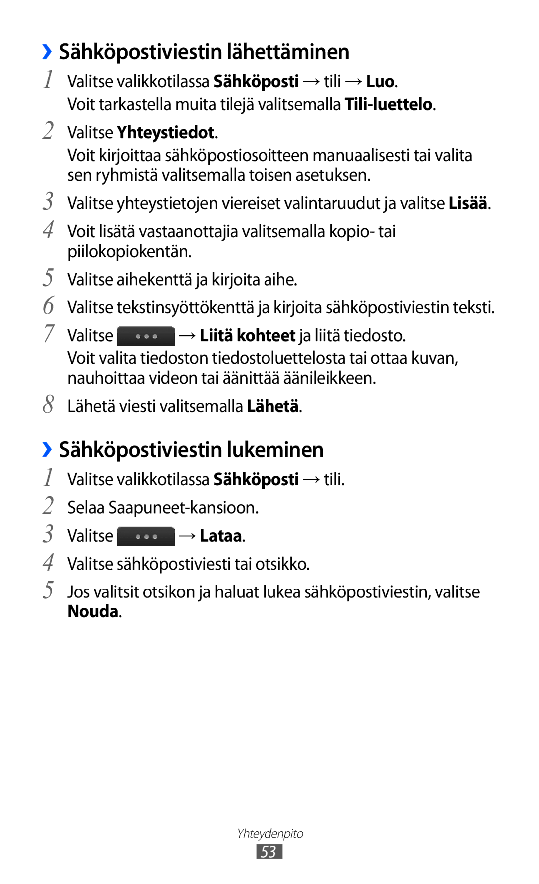 Samsung GT-S5780YKANEE manual ››Sähköpostiviestin lähettäminen, ››Sähköpostiviestin lukeminen, Valitse Yhteystiedot, Nouda 