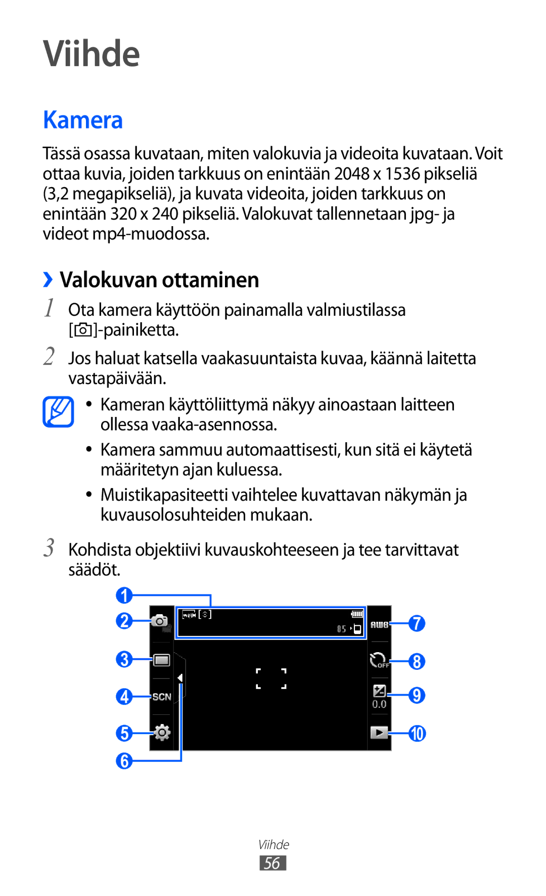 Samsung GT-S5780AXANEE, GT-S5780YKANEE manual Viihde, Kamera, ››Valokuvan ottaminen 