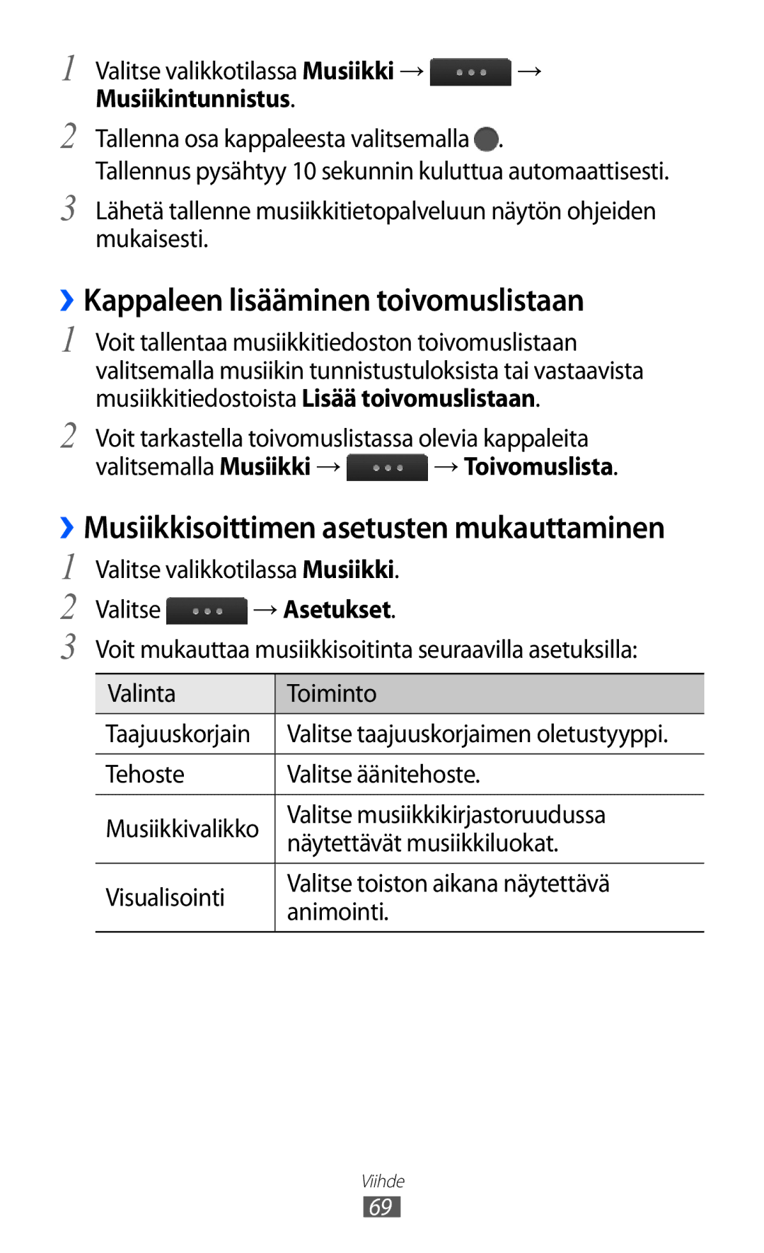 Samsung GT-S5780YKANEE manual ››Kappaleen lisääminen toivomuslistaan, Valitse valikkotilassa Musiikki →, Musiikintunnistus 