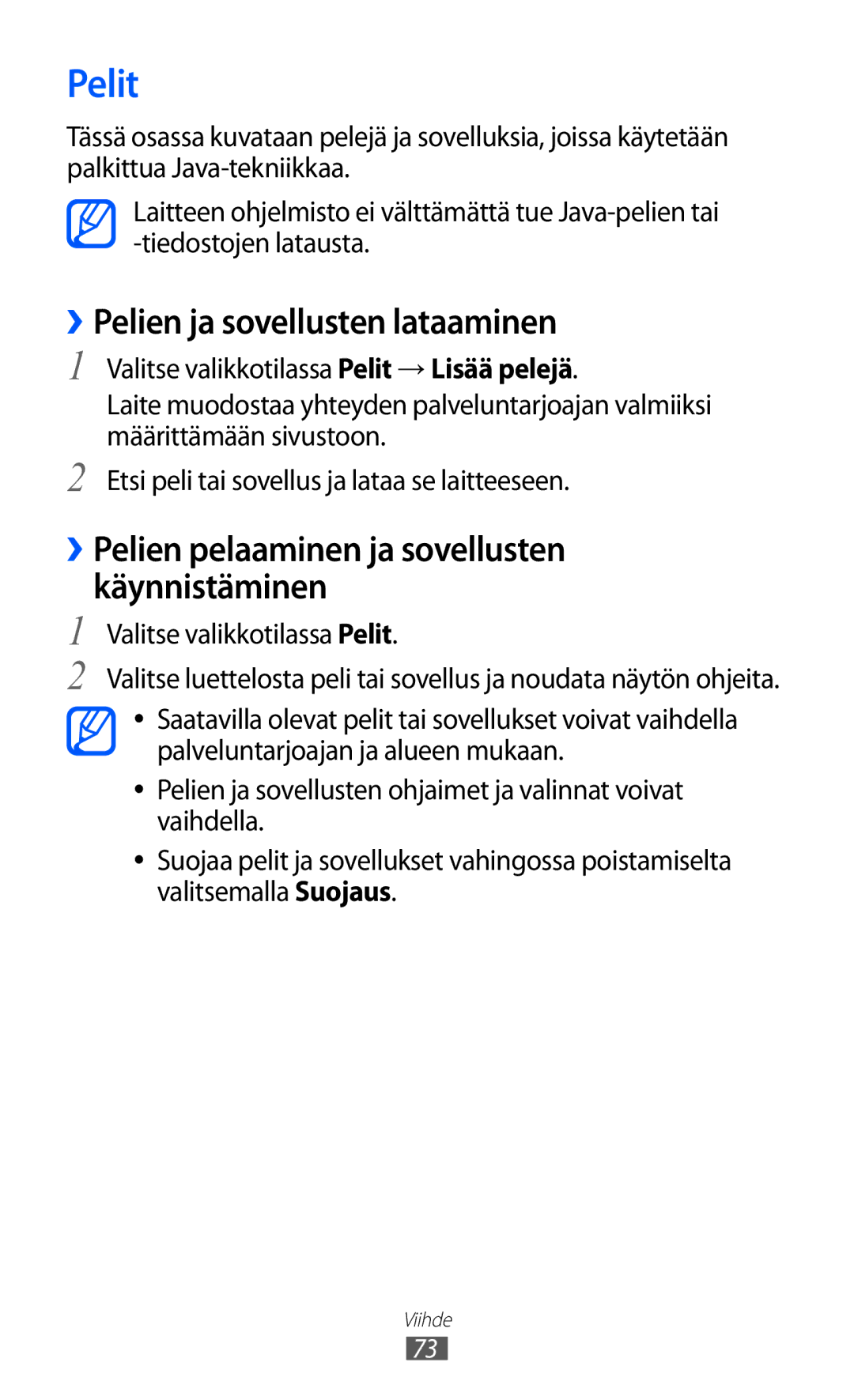 Samsung GT-S5780YKANEE, GT-S5780AXANEE manual ››Pelien ja sovellusten lataaminen, Valitse valikkotilassa Pelit 