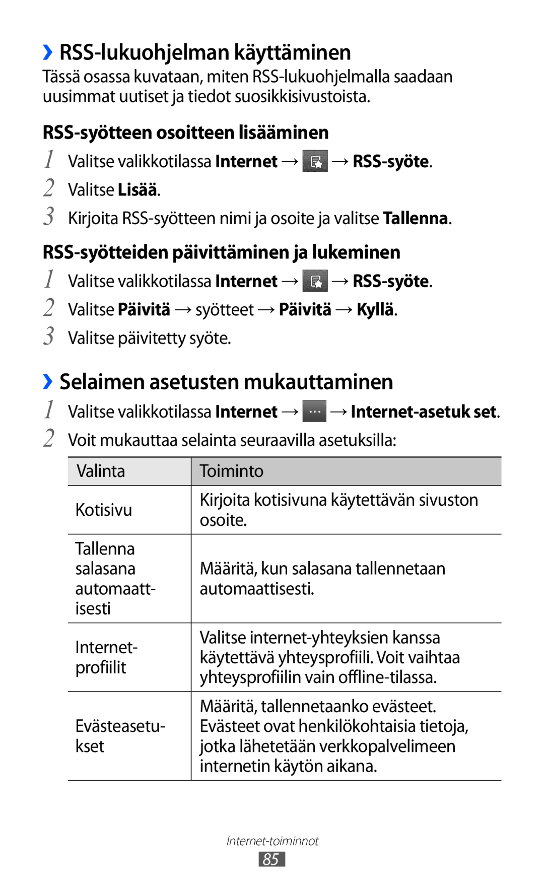 Samsung GT-S5780YKANEE, GT-S5780AXANEE manual ››RSS-lukuohjelman käyttäminen, ››Selaimen asetusten mukauttaminen 