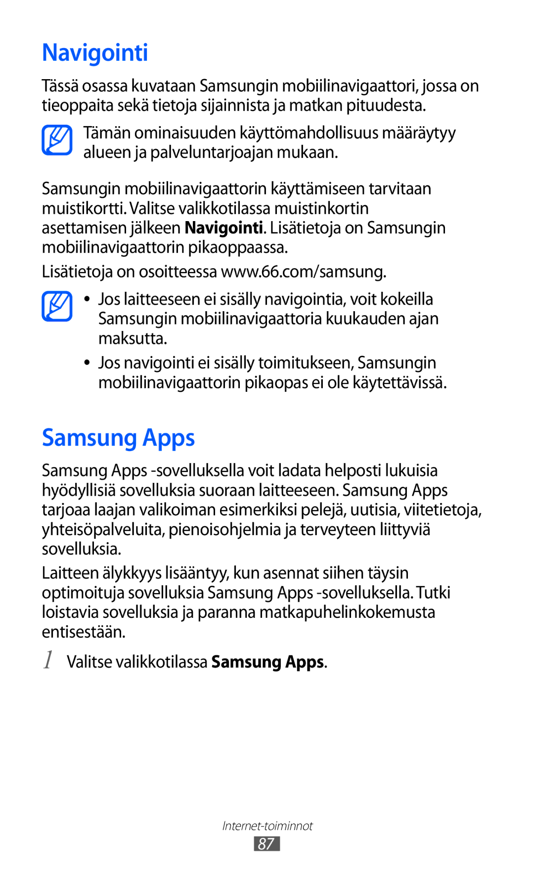 Samsung GT-S5780YKANEE, GT-S5780AXANEE manual Navigointi, Samsung Apps 