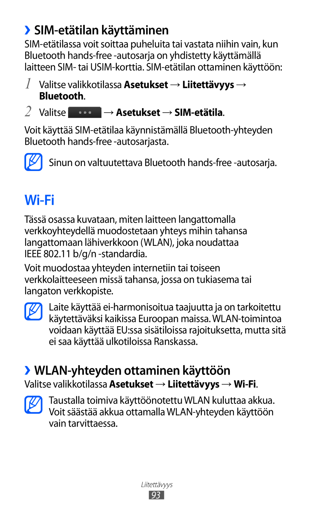 Samsung GT-S5780YKANEE, GT-S5780AXANEE manual Wi-Fi, ››SIM-etätilan käyttäminen, ››WLAN-yhteyden ottaminen käyttöön 