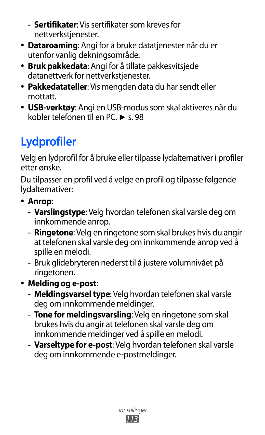 Samsung GT-S5780YKANEE, GT-S5780AXANEE manual Lydprofiler, Anrop, Melding og e-post, 113 