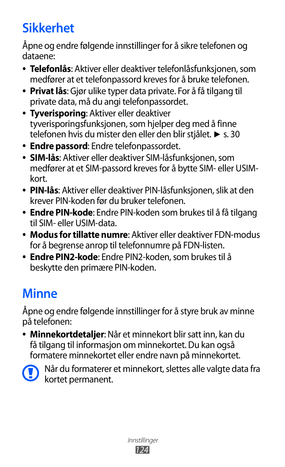 Samsung GT-S5780AXANEE, GT-S5780YKANEE manual Sikkerhet, Minne, 124 