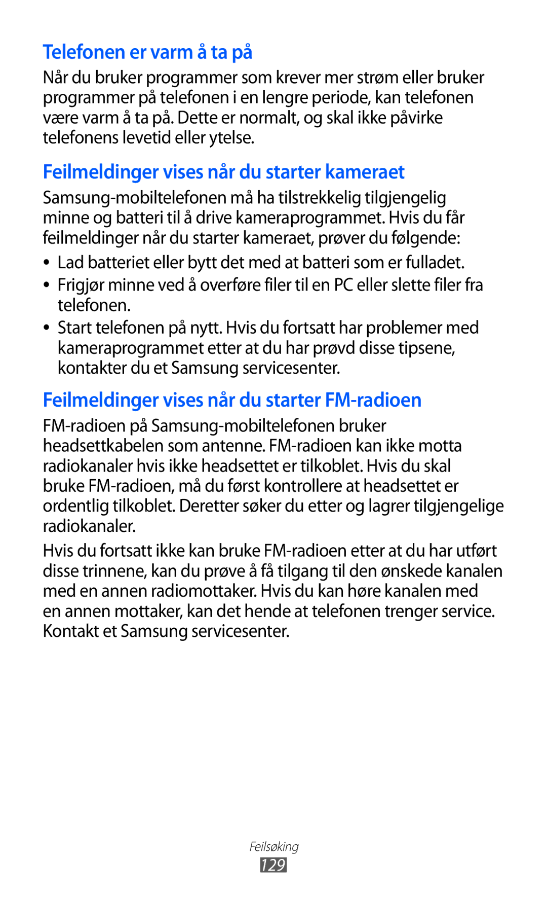 Samsung GT-S5780YKANEE, GT-S5780AXANEE manual Telefonen er varm å ta på, 129 