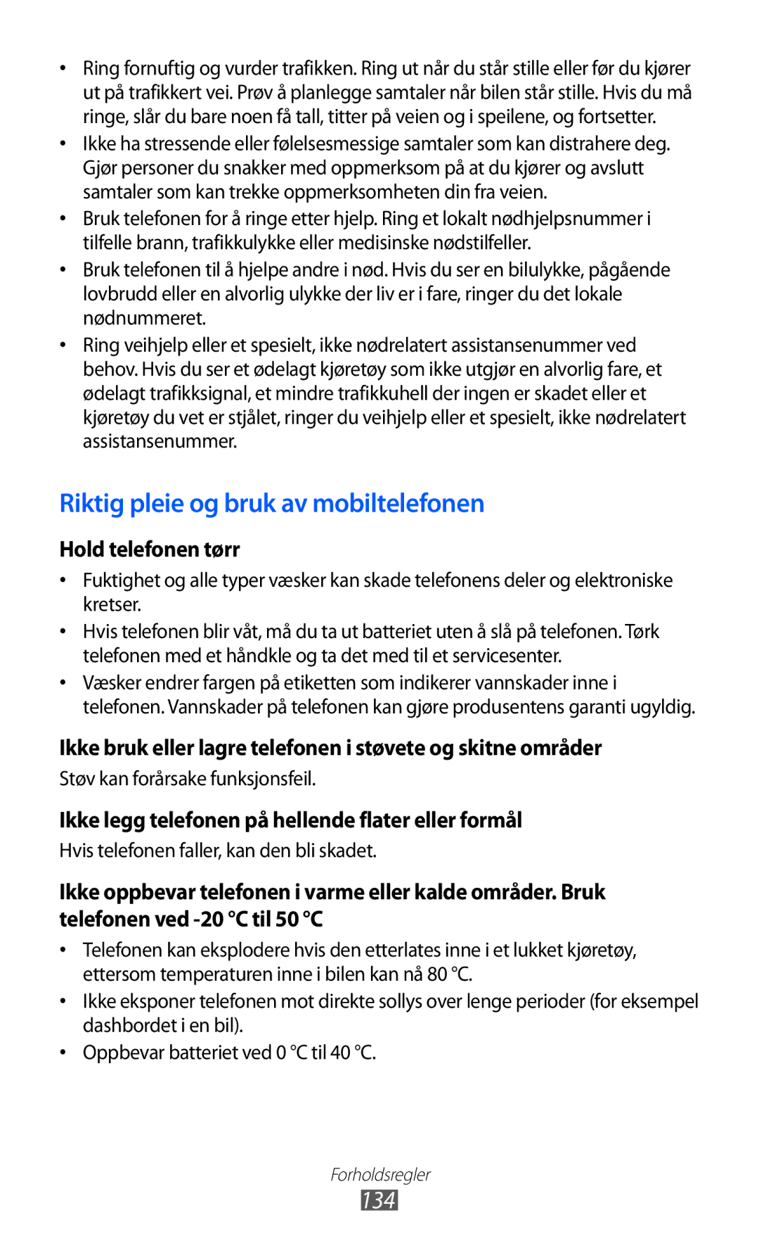 Samsung GT-S5780AXANEE, GT-S5780YKANEE manual Riktig pleie og bruk av mobiltelefonen, 134 