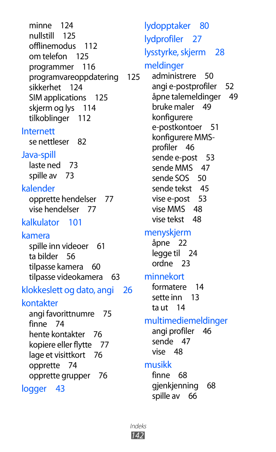 Samsung GT-S5780AXANEE, GT-S5780YKANEE manual Klokkeslett og dato, angi 26 kontakter, 142 