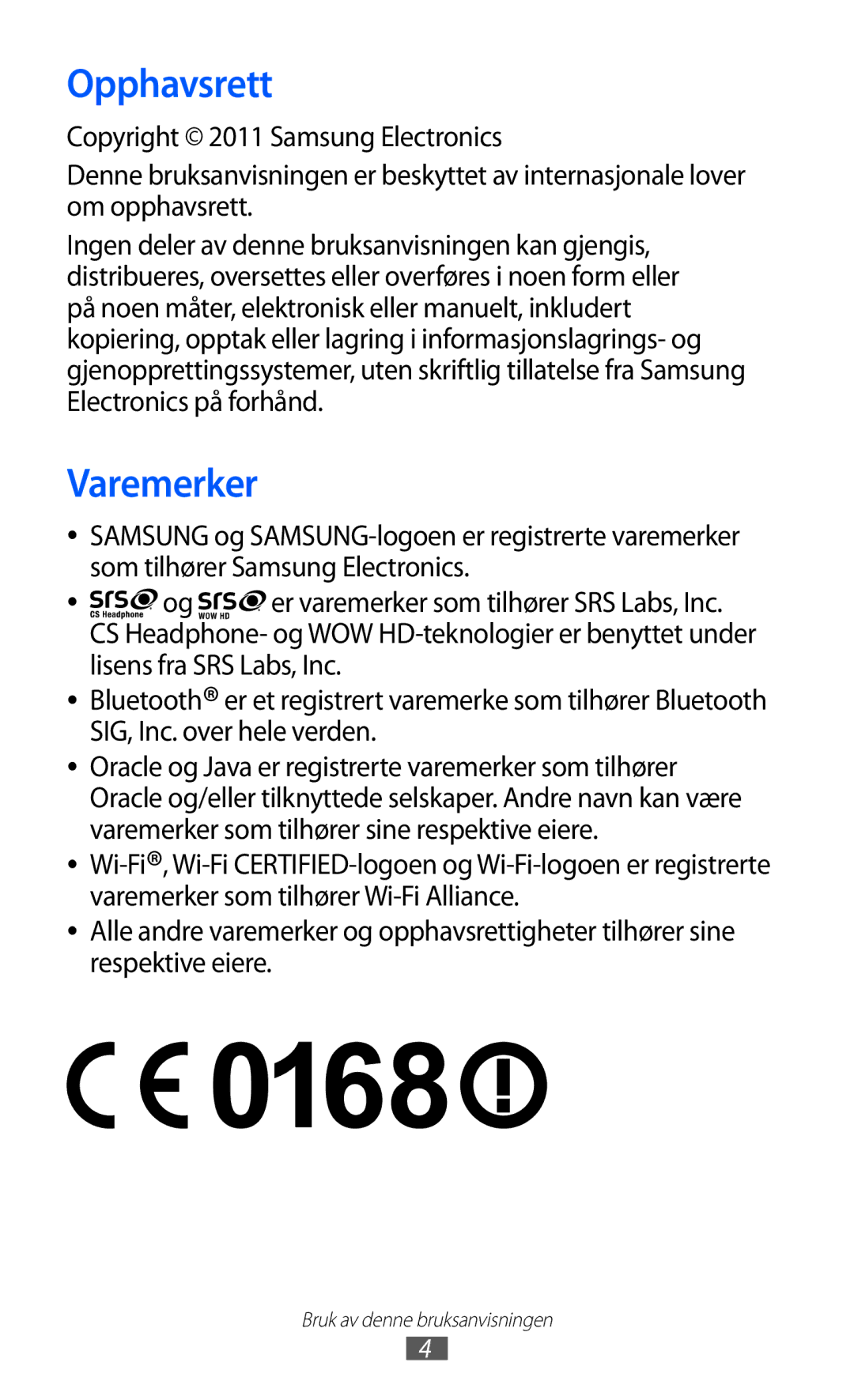 Samsung GT-S5780AXANEE, GT-S5780YKANEE manual Opphavsrett, Varemerker 