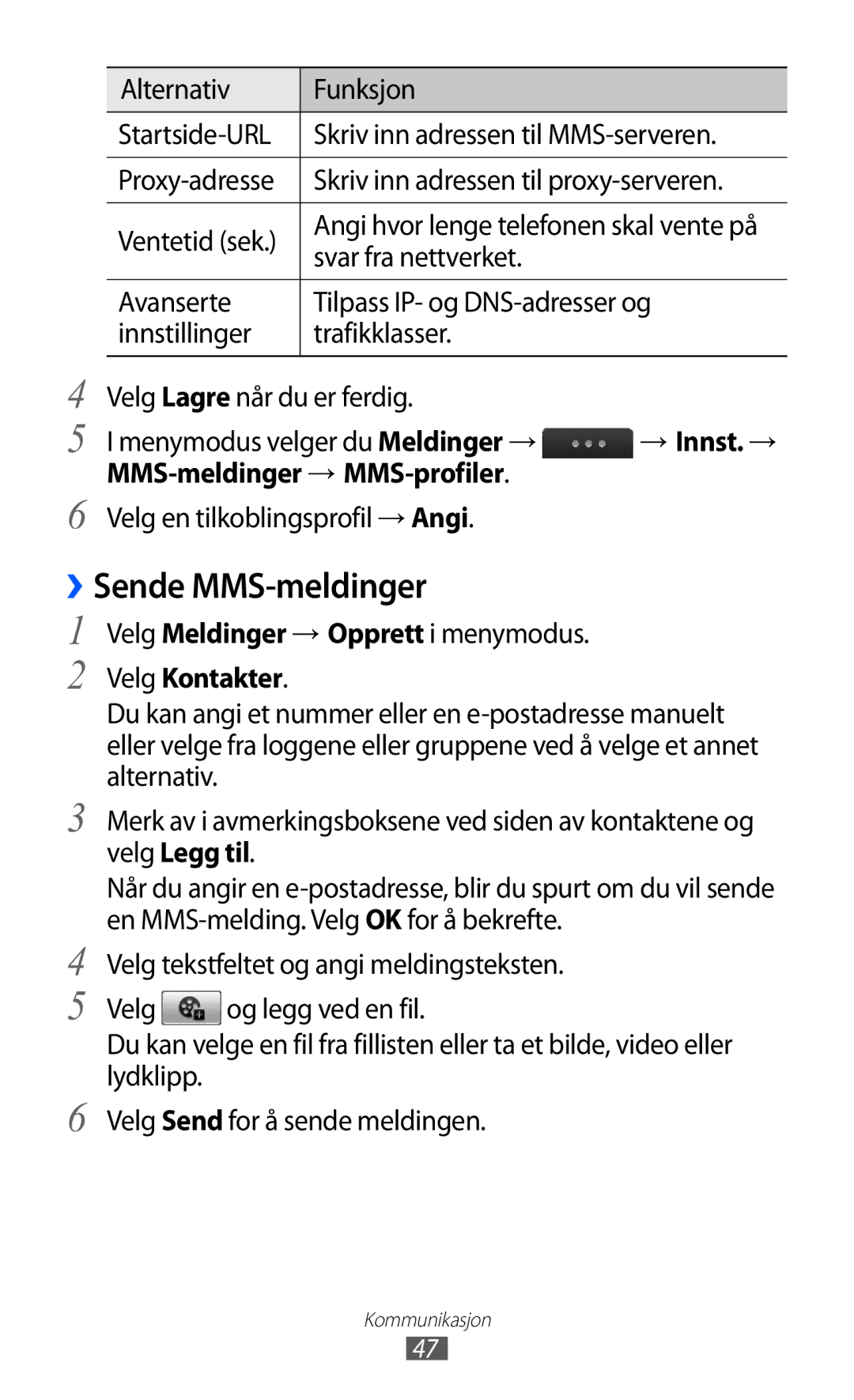 Samsung GT-S5780YKANEE, GT-S5780AXANEE manual ››Sende MMS-meldinger, Svar fra nettverket, MMS-meldinger → MMS-profiler 