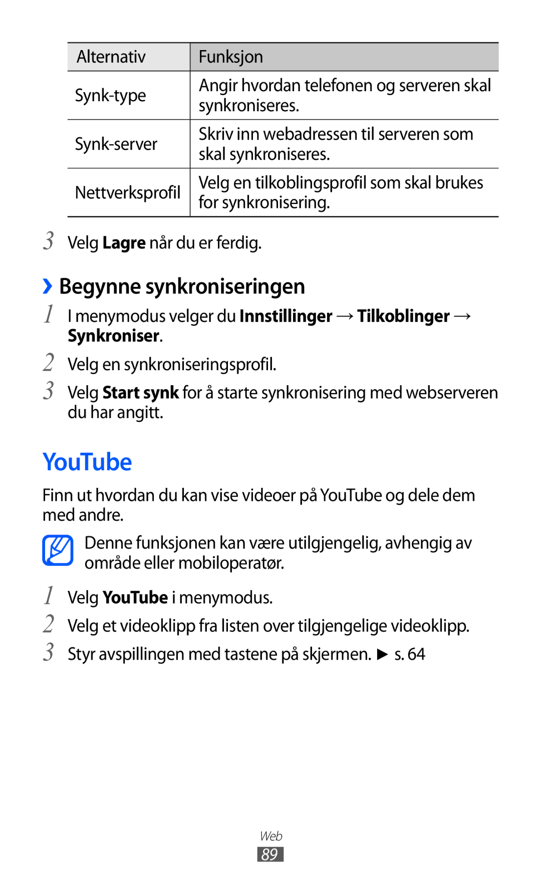 Samsung GT-S5780YKANEE, GT-S5780AXANEE manual YouTube, ››Begynne synkroniseringen 