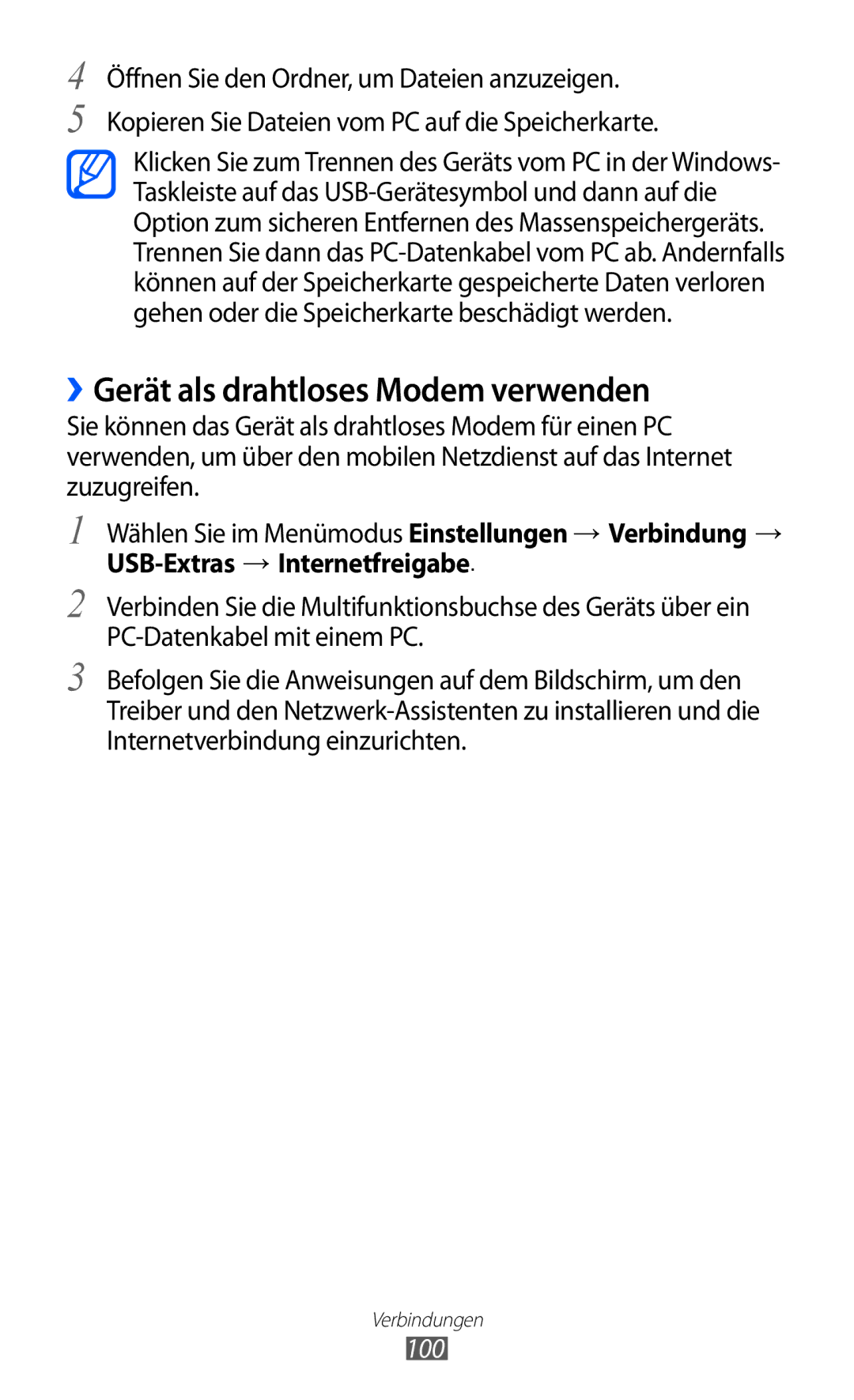 Samsung GT-S5780YKADBT, GT-S5780YKDVD2, GT-S5780YKAVD2, GT-S5780YKATUR manual ››Gerät als drahtloses Modem verwenden, 100 