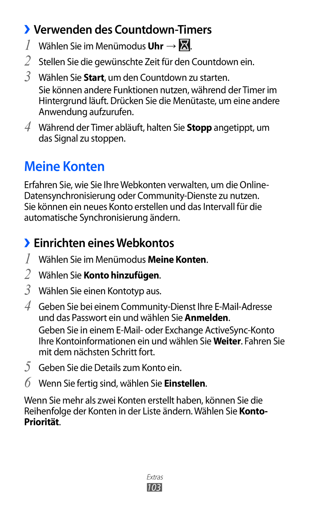 Samsung GT-S5780YKATUR, GT-S5780YKADBT Meine Konten, ››Verwenden des Countdown-Timers, ››Einrichten eines Webkontos, 103 