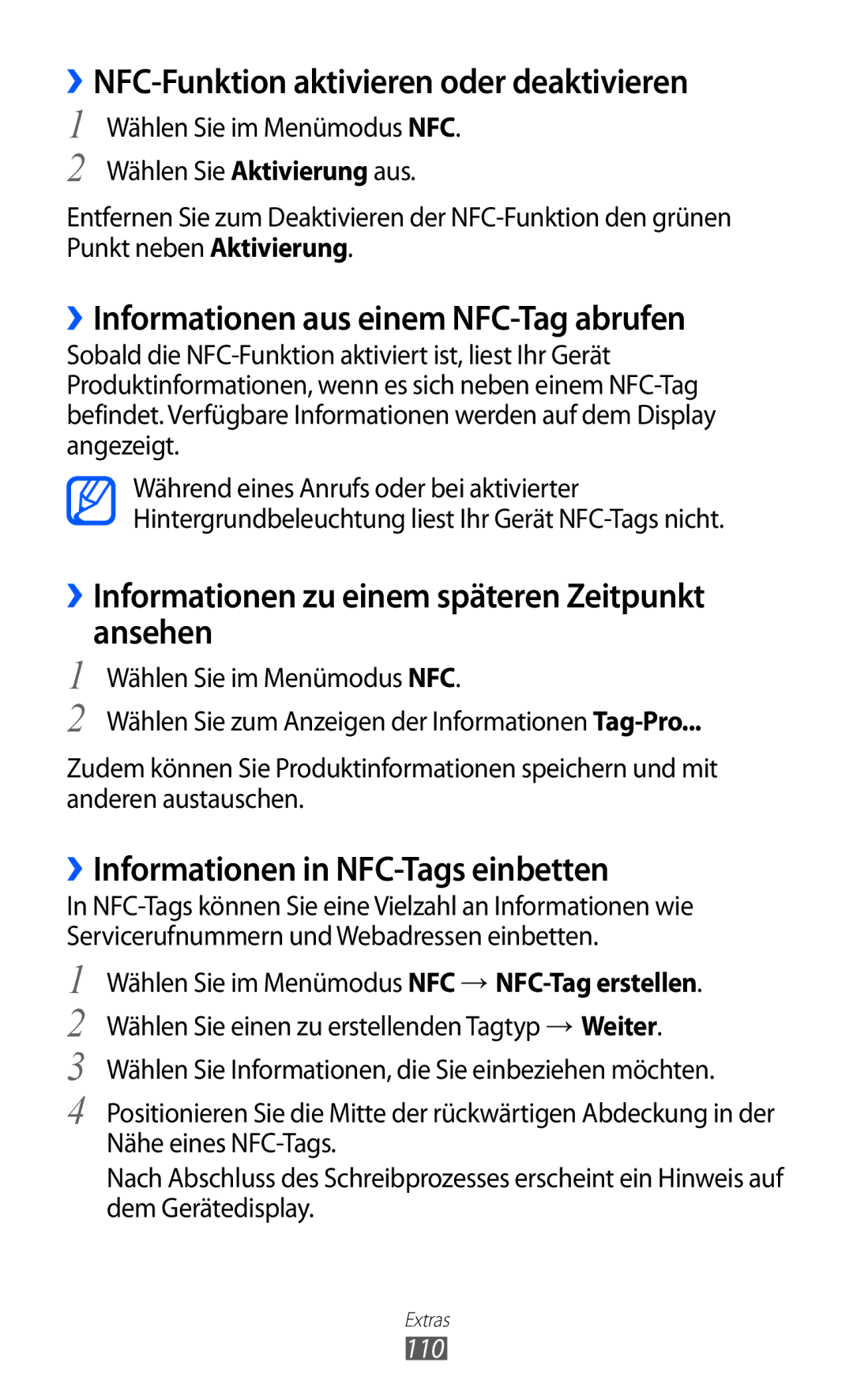 Samsung GT-S5780YKAVD2 manual ››NFC-Funktion aktivieren oder deaktivieren, ››Informationen aus einem NFC-Tag abrufen, 110 