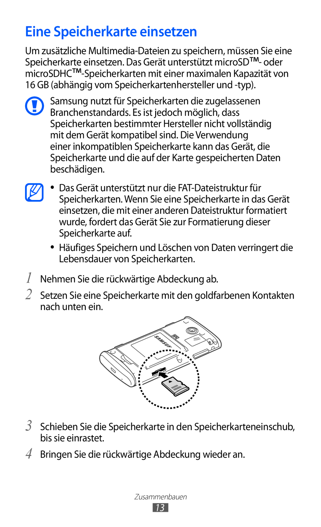 Samsung GT-S5780YKDVD2, GT-S5780YKADBT, GT-S5780YKAVD2, GT-S5780YKATUR manual Eine Speicherkarte einsetzen 