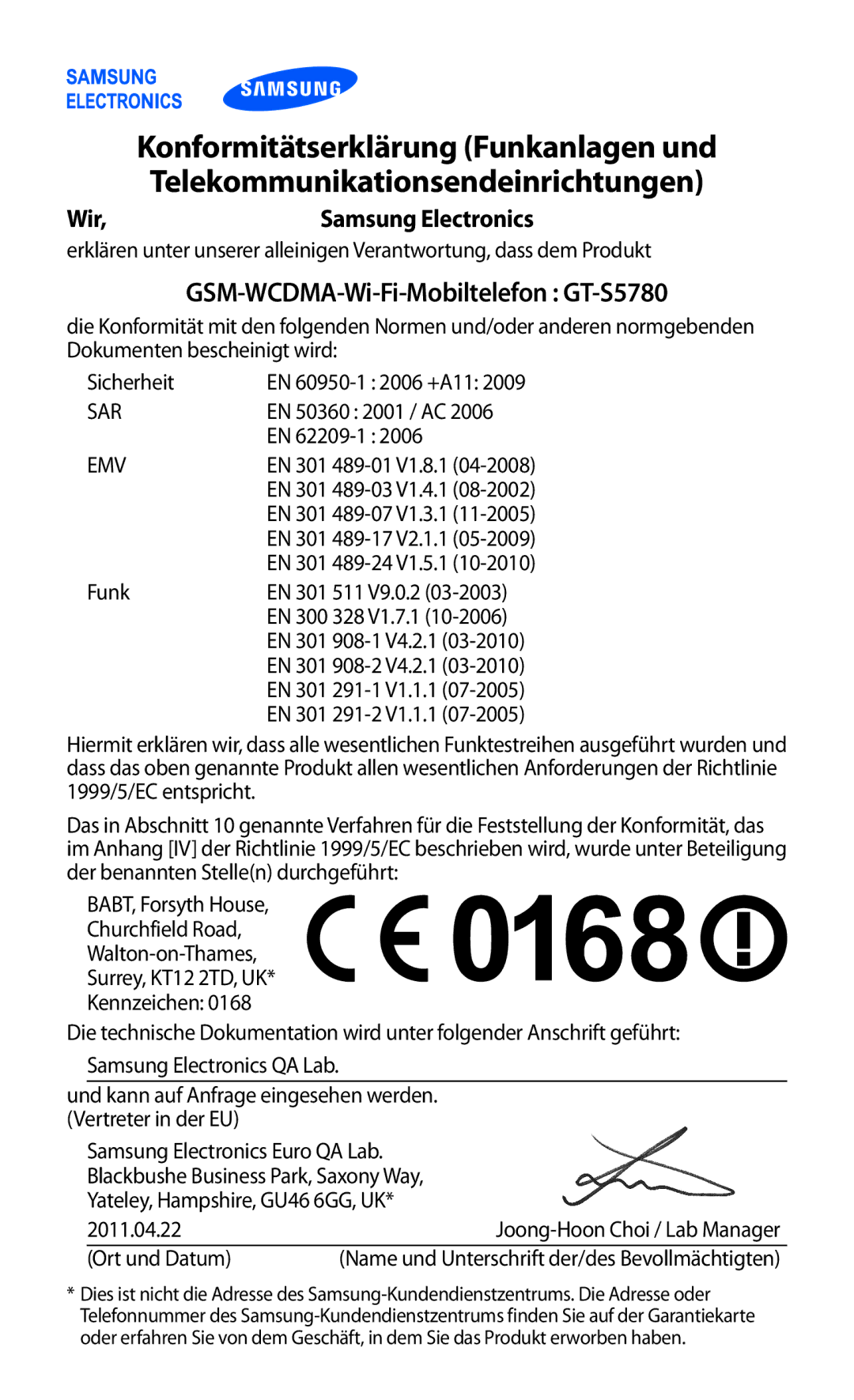 Samsung GT-S5780YKDVD2, GT-S5780YKADBT manual Konformitätserklärung Funkanlagen und, Telekommunikationsendeinrichtungen 