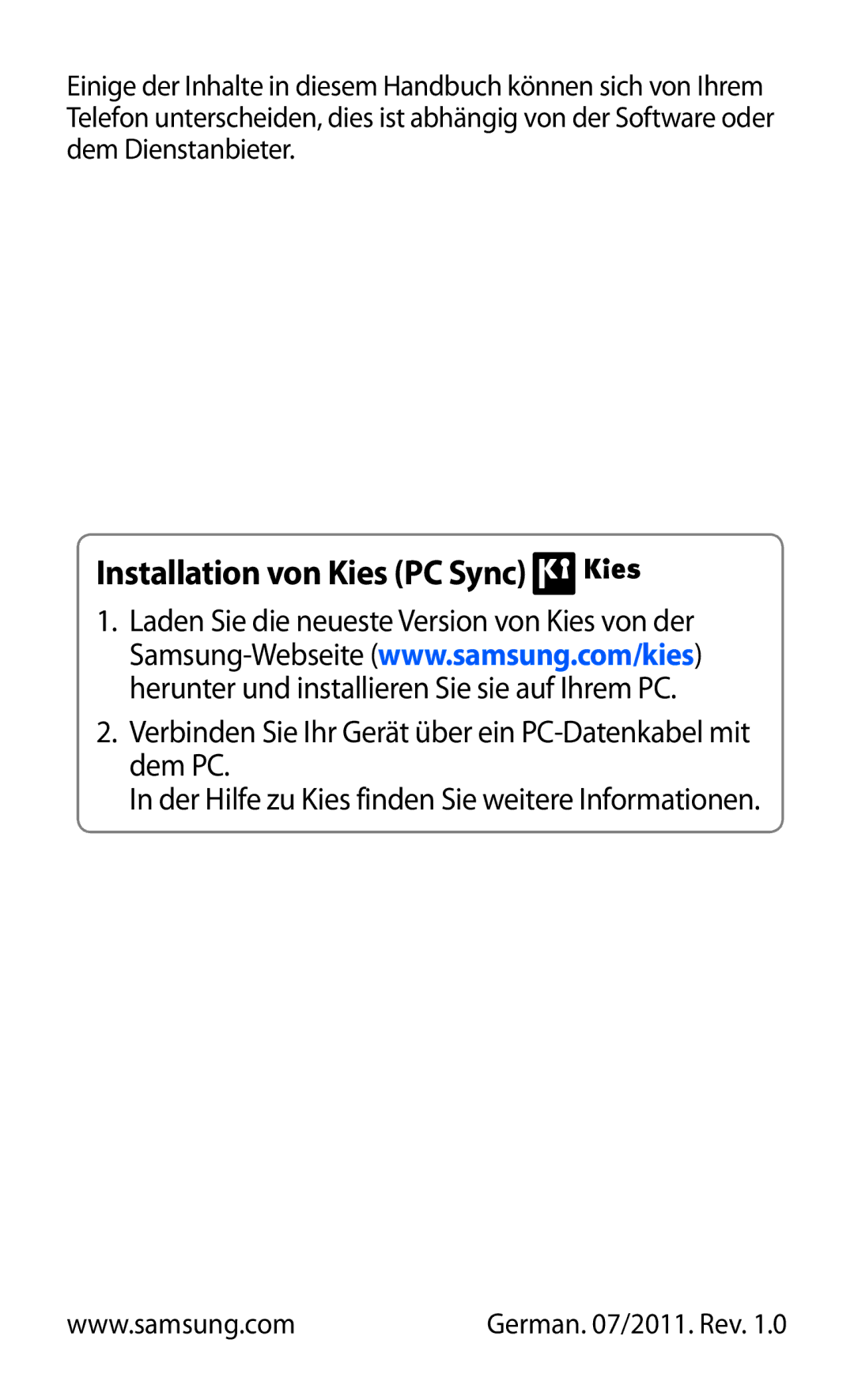 Samsung GT-S5780YKAVD2, GT-S5780YKADBT, GT-S5780YKDVD2, GT-S5780YKATUR manual Installation von Kies PC Sync 