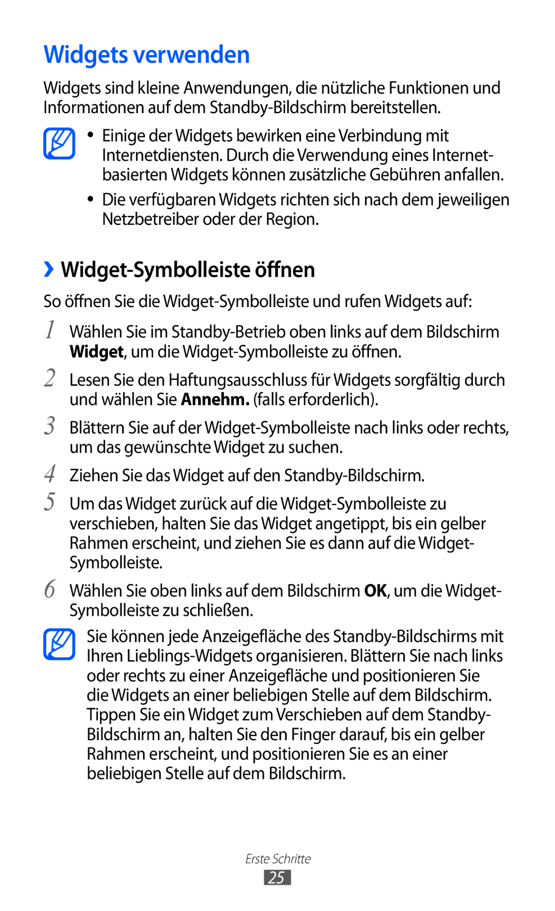 Samsung GT-S5780YKDVD2, GT-S5780YKADBT, GT-S5780YKAVD2, GT-S5780YKATUR manual Widgets verwenden, ››Widget-Symbolleiste öffnen 