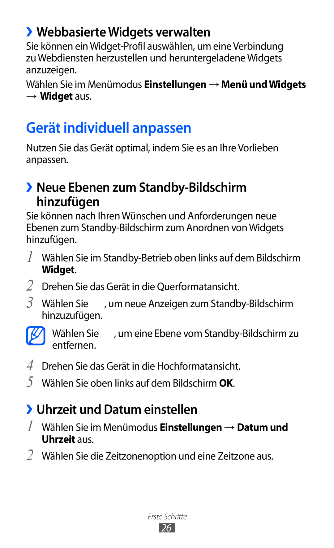 Samsung GT-S5780YKAVD2 manual Gerät individuell anpassen, ››Webbasierte Widgets verwalten, ››Uhrzeit und Datum einstellen 