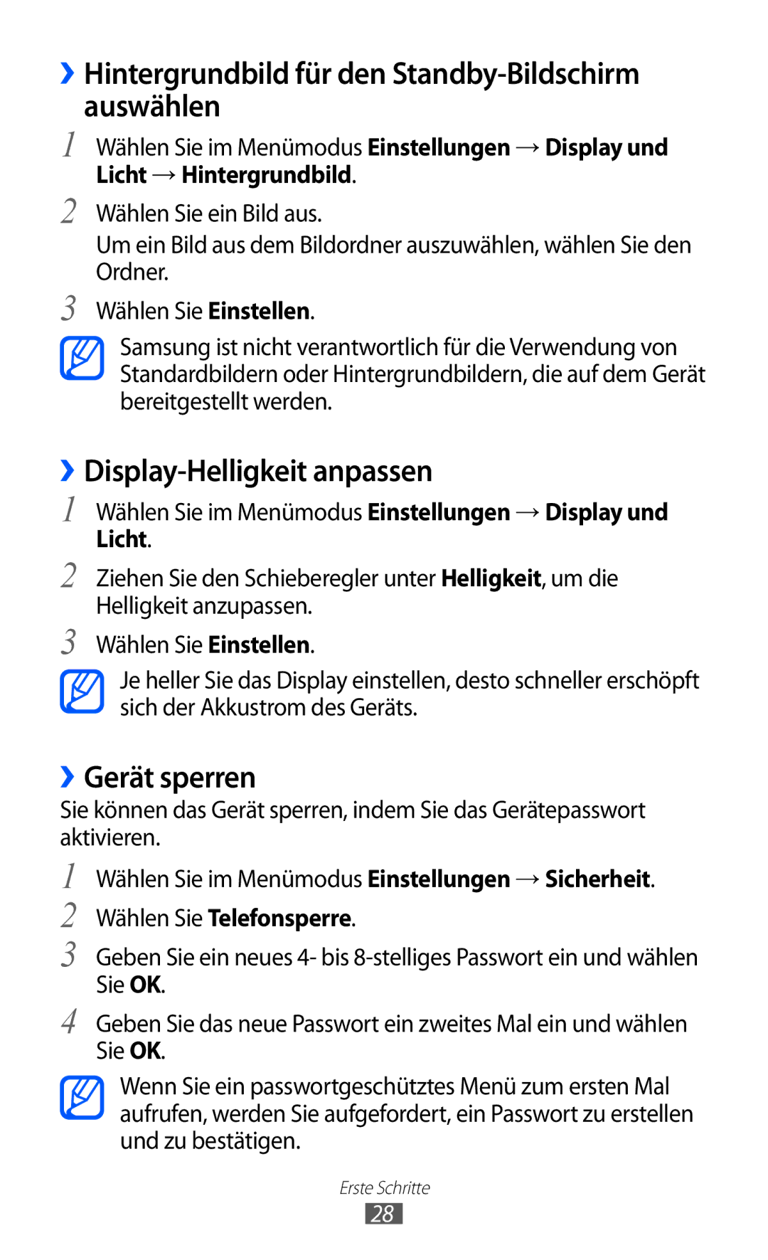 Samsung GT-S5780YKADBT manual ››Hintergrundbild für den Standby-Bildschirm auswählen, ››Display-Helligkeit anpassen 