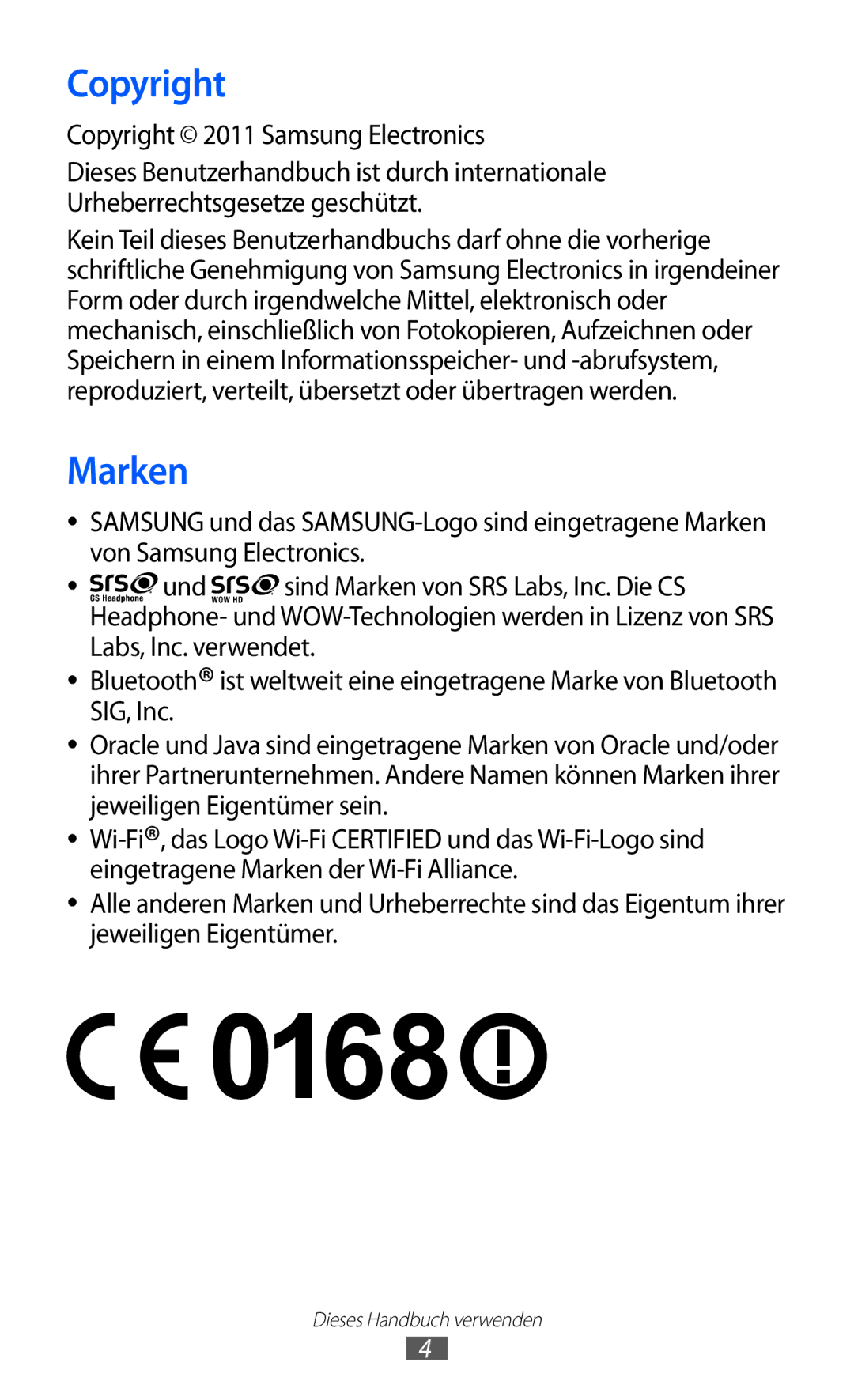 Samsung GT-S5780YKADBT, GT-S5780YKDVD2, GT-S5780YKAVD2, GT-S5780YKATUR manual Marken, Copyright 2011 Samsung Electronics 