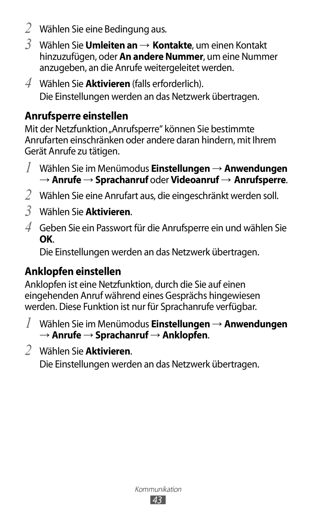 Samsung GT-S5780YKATUR, GT-S5780YKADBT manual Anrufsperre einstellen, Anklopfen einstellen, Wählen Sie eine Bedingung aus 