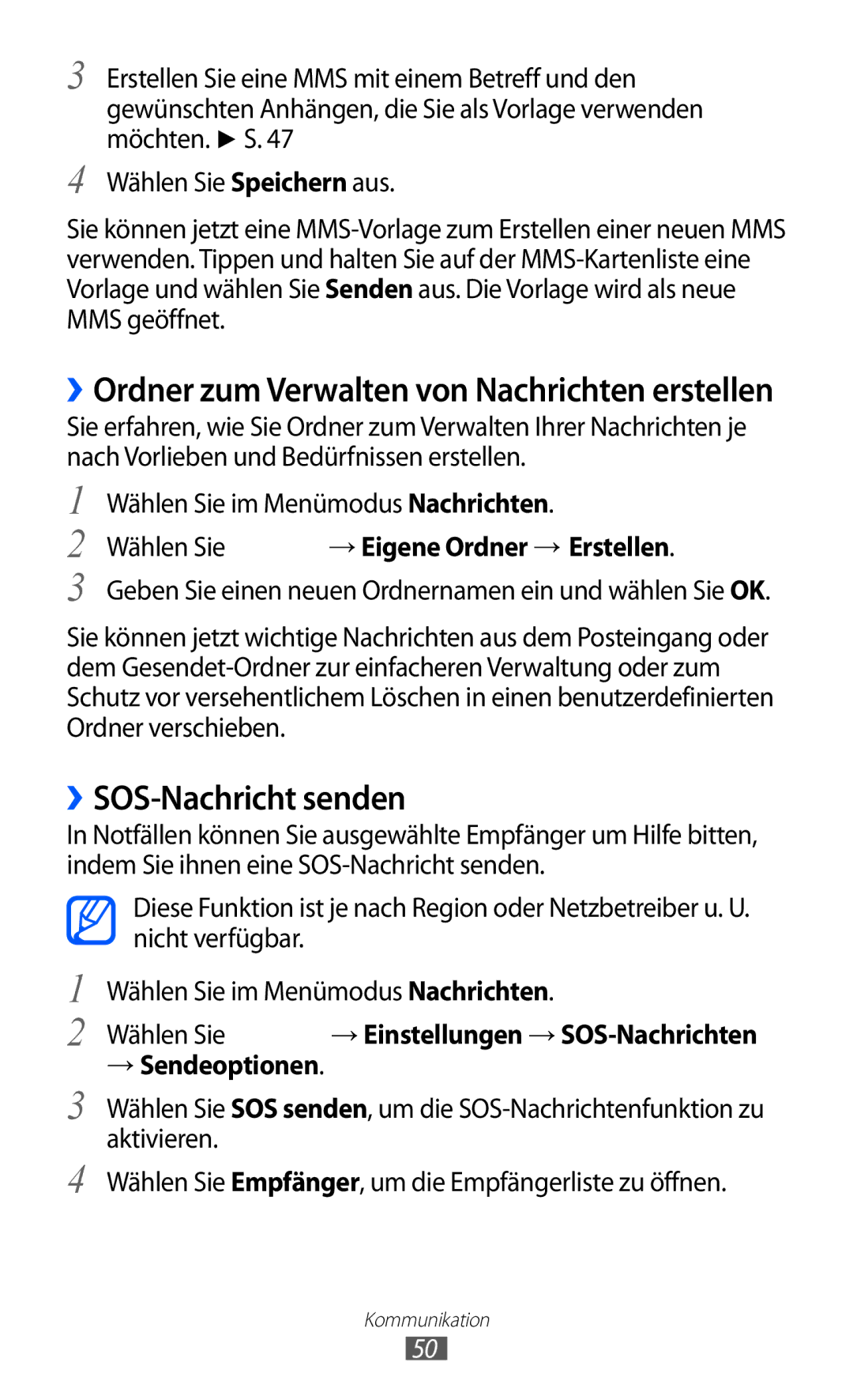 Samsung GT-S5780YKAVD2, GT-S5780YKADBT ››SOS-Nachricht senden, Wählen Sie → Eigene Ordner → Erstellen, → Sendeoptionen 