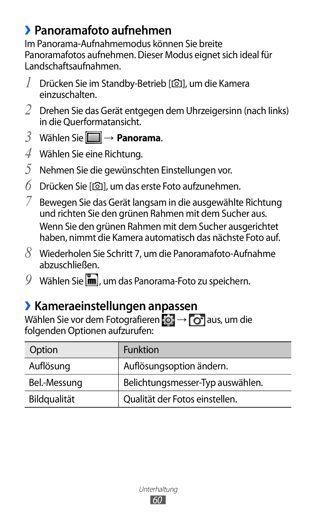 Samsung GT-S5780YKADBT, GT-S5780YKDVD2, GT-S5780YKAVD2 manual ››Panoramafoto aufnehmen, Kameraeinstellungen anpassen 