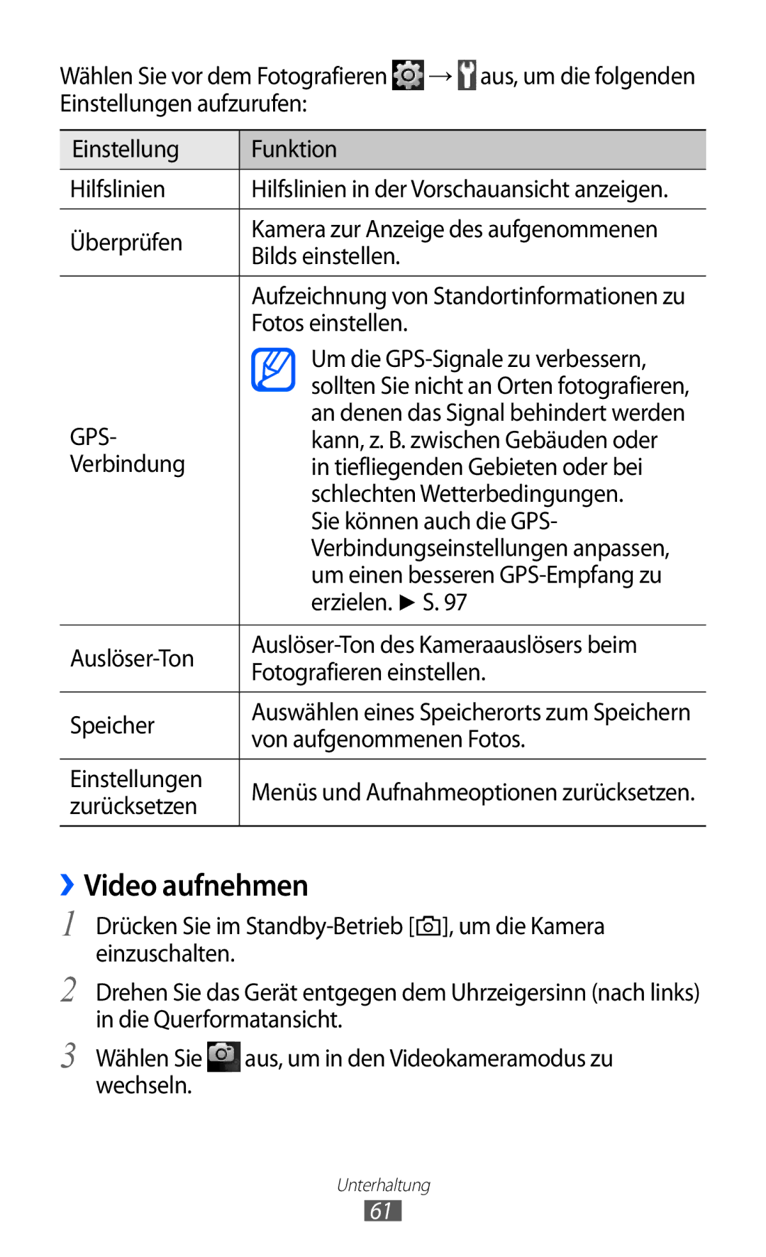 Samsung GT-S5780YKDVD2, GT-S5780YKADBT, GT-S5780YKAVD2, GT-S5780YKATUR manual ››Video aufnehmen 