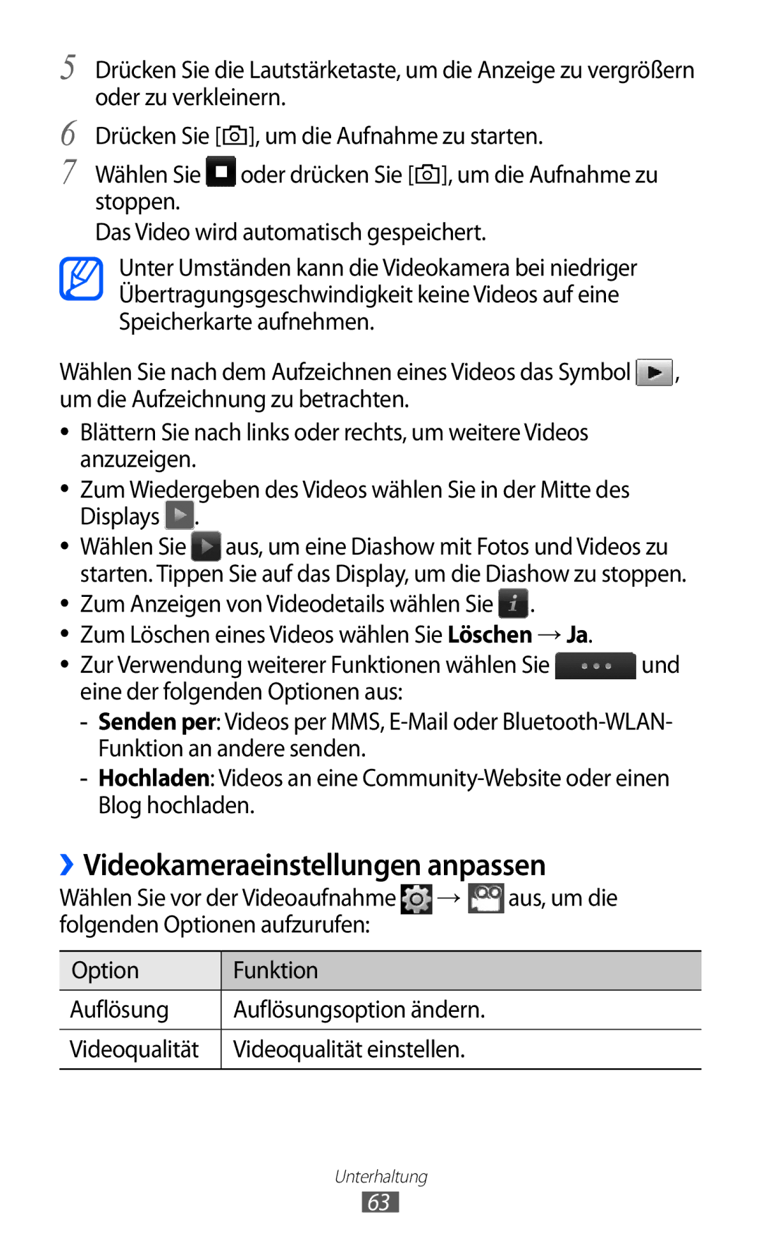 Samsung GT-S5780YKATUR, GT-S5780YKADBT, GT-S5780YKDVD2, GT-S5780YKAVD2 manual ››Videokameraeinstellungen anpassen, Aus, um die 