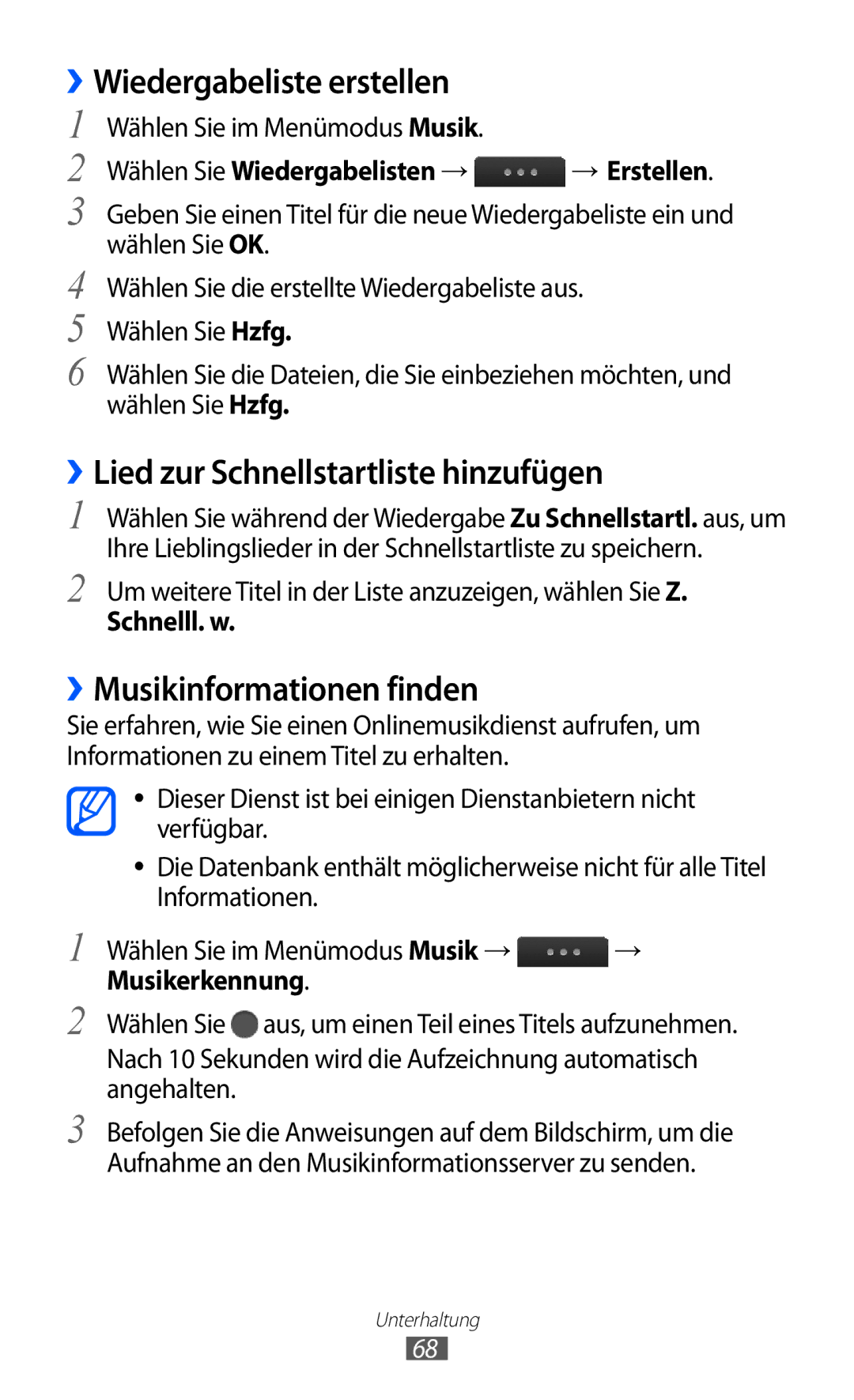 Samsung GT-S5780YKADBT ››Wiedergabeliste erstellen, ››Lied zur Schnellstartliste hinzufügen, ››Musikinformationen finden 